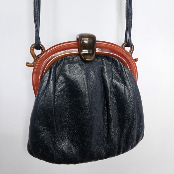 Vintage Mid-century Navy Purse W/ Lucite Or Bakelite Frame And Clasp Women's Bag - Picture 4 of 14